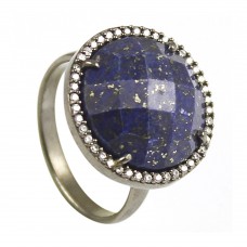 Lapis lazuli round sterling silver pave setting cz ring